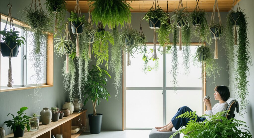 観葉植物が垂れ下がる室内ディスプレイの魅力