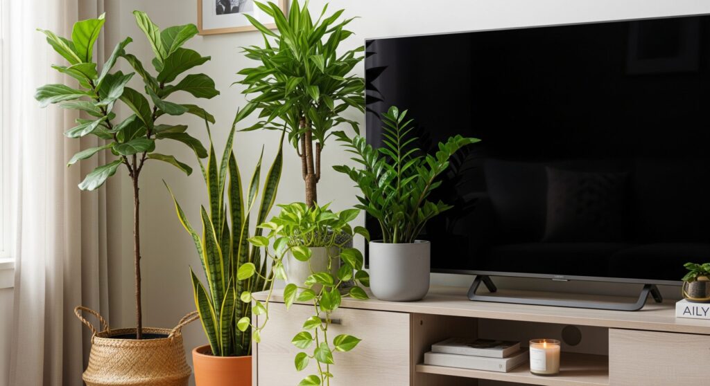 テレビ横の観葉植物は高さもポイント